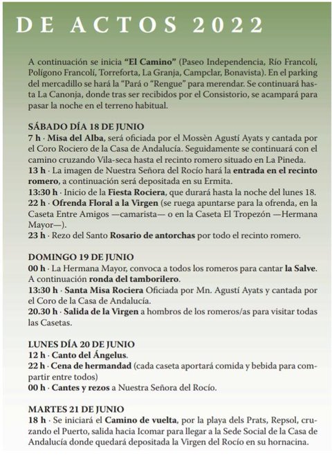 Día del Rocío de la Casa de Andalucía en Tarragona. Programa
