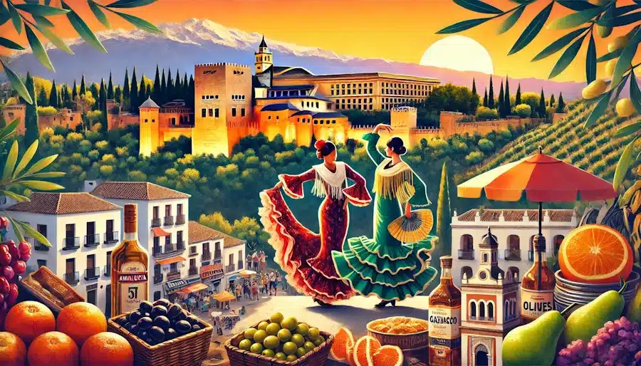La imagen captura la esencia de la marca Andalucía. Representa la vibrante escena de bailarines de flamenco en traje tradicional, actuando frente a la Alhambra en Granada al atardecer, con elementos icónicos andaluces como olivares, pueblos encalados y un bullicioso mercado callejero con alimentos locales como el gazpacho y las aceitunas. El cielo muestra una mezcla brillante de tonos naranjas y rosas, destacando la calidez y la belleza de la región.