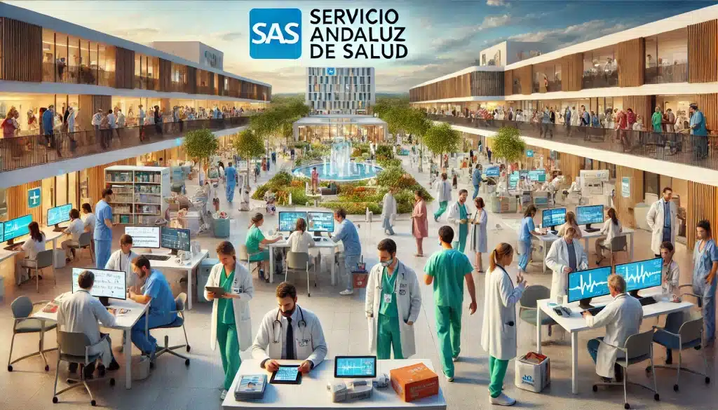 Servicio Andaluz de Salud, el mayor sistema de salud pública de España. Representación de profesionales trabajando.