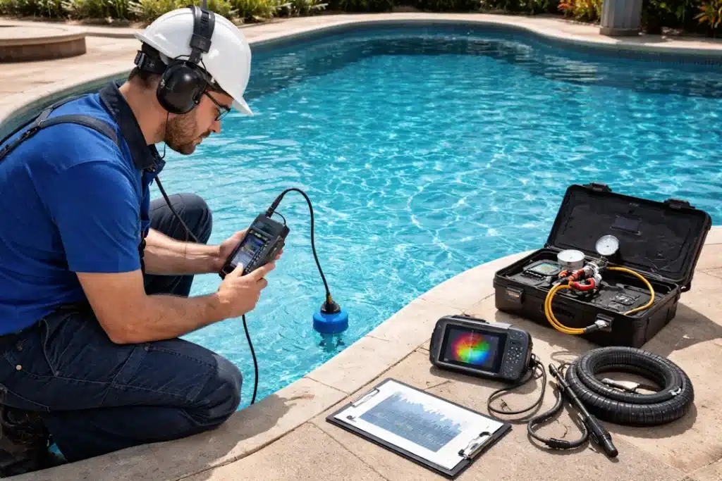 Detectar el problema de una piscina antes de romper nada. Técnico trabajando en la piscina.